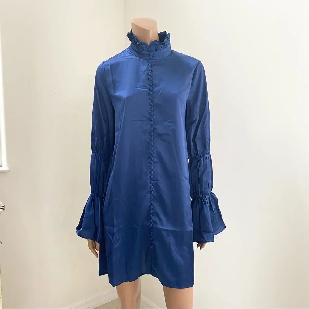 NEW Rich Fashion Mock Neck Long Sleeve Blue Satin Shirt Tunic Mini Dress 4
